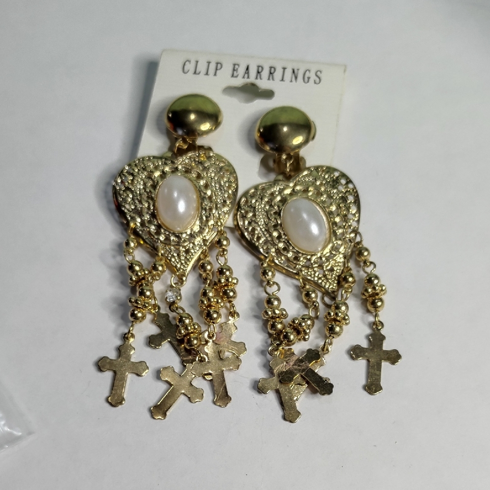 Gold and Pearl Clip Earrings with Cross Charms